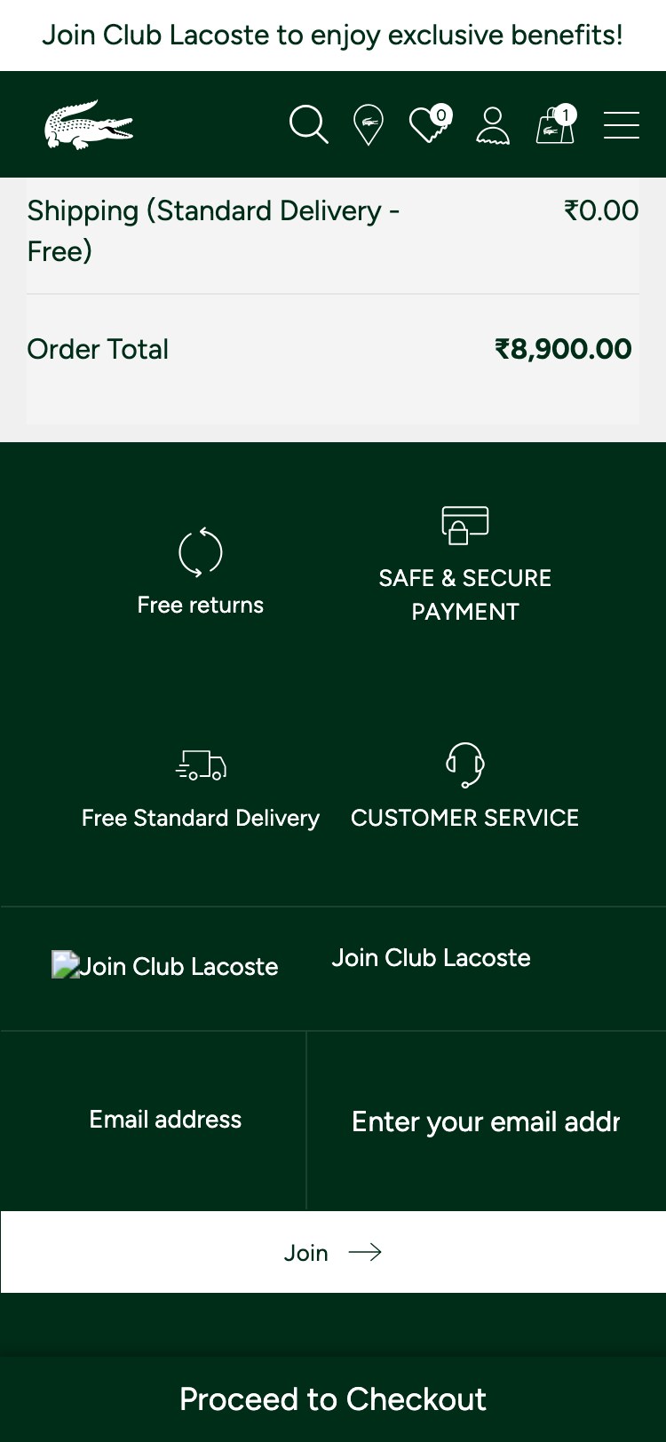 Lacoste — Cart order summary (Shipping Standard Delivery - Free ₹0.00 + Order Total ₹8,900.00 → site-wide footer icons → 'Proceed to Checkout' sticky button — no payment method logos, no 'Secure Checkout' badge near the checkout CTA)
