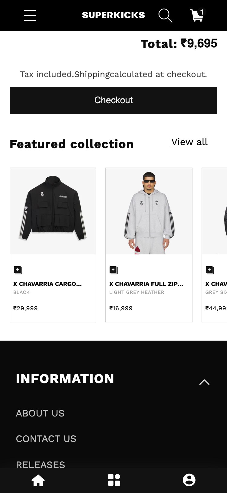 Superkicks — Mobile Cart (Total ₹9,695 + 'Checkout' button → 'Featured collection' 2-col cross-sell grid with quick-add buttons: Cargo Jacket ₹29,999 / Full Zip Hoodie ₹16,999 / third item ₹44,999 + 'View all' link)