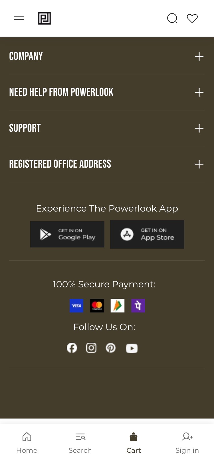 Powerlook — Cart footer ('100% Secure Payment:' label + 4 payment icons: Visa / Mastercard / UPI / PhonePe + mobile bottom navigation: Home/Search/Cart/Sign in)