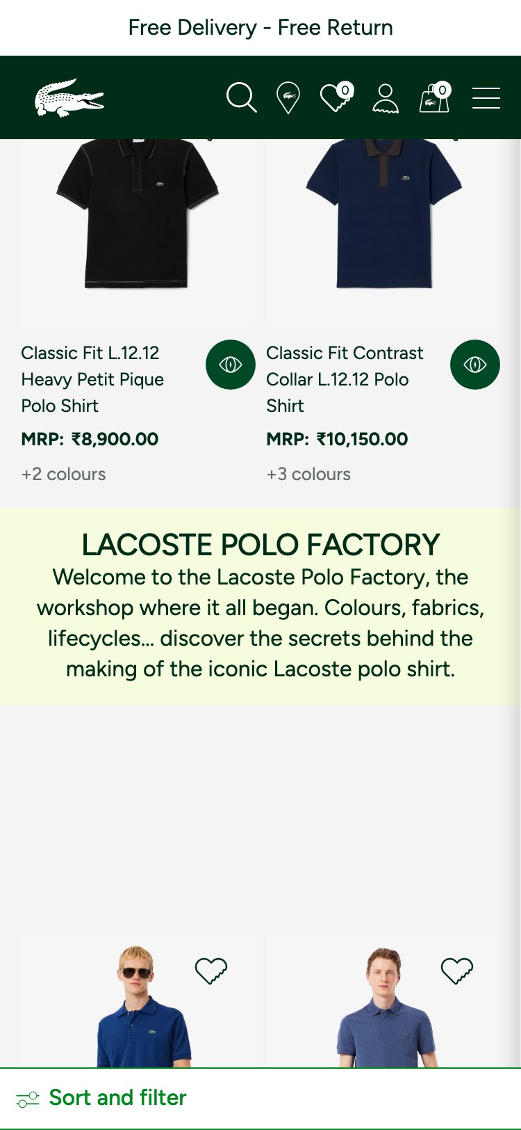 Lacoste — Men's Polo Shirts collection (product cards show only image, name, 'MRP: ₹8,900.00', and '+2 colours' text — no ratings, no discount %, no bestseller badges, no quick-add)