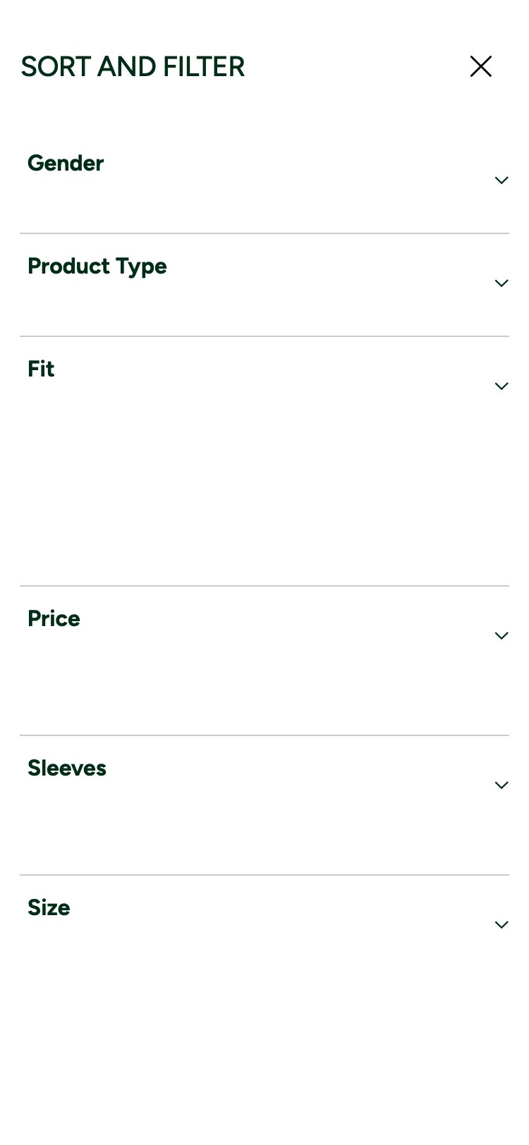 Lacoste — 'SORT AND FILTER' panel (facets: Gender, Product Type, Fit, Price, Sleeves, Size — no Colour option despite polos shipping in up to 44 colours)