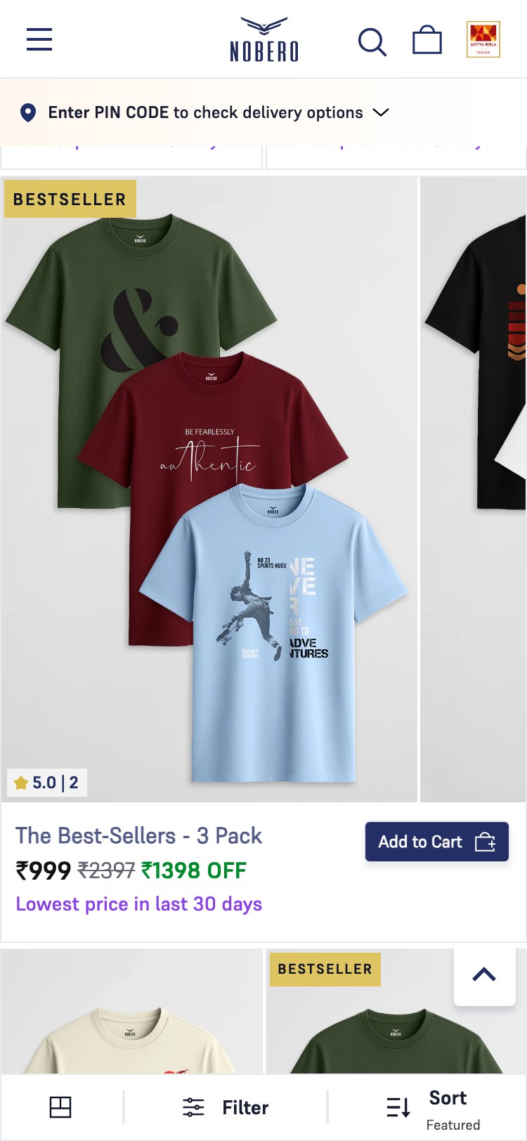 Nobero — Men's T-shirts collection (BESTSELLER badge + ★5.0|2 star rating on card + strikethrough ₹2397 + ₹999 sale price + '₹1398 OFF' callout + 'Lowest price in last 30 days' + 'Add to Cart' button right on the card)