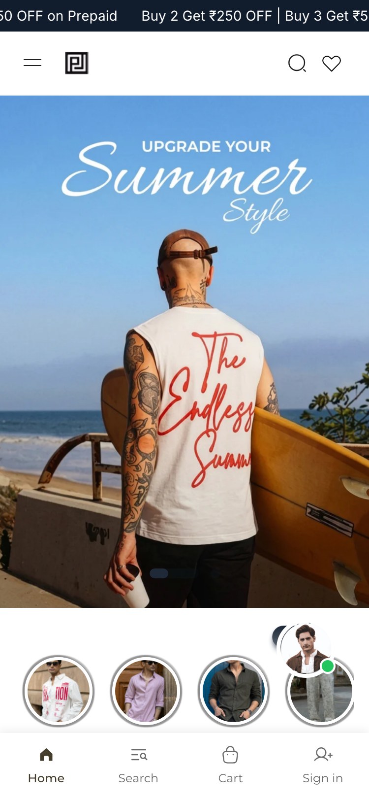 Powerlook — Mobile Homepage (rotating offer bar '50% OFF on Prepaid | Buy 2 Get ₹250 OFF | Buy 3 Get ₹500', hero with 'UPGRADE YOUR SUMMER STYLE' + category pill carousel + mobile bottom nav: Home/Search/Cart/Sign in)