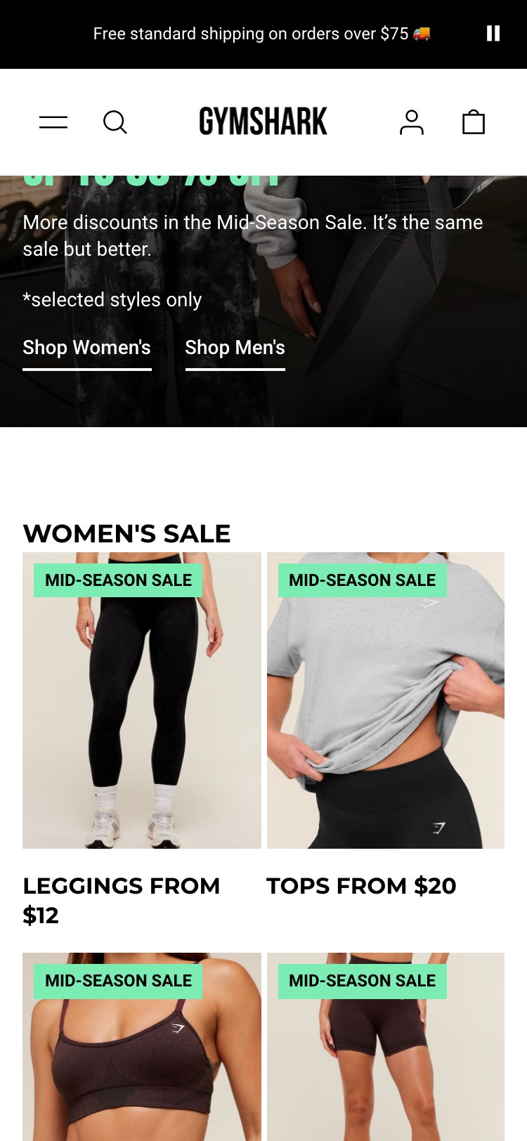 Gymshark — Mobile homepage sale section (UP TO 50% OFF editorial banner + 'Shop Men's/Women's' dual CTAs + product grid with persistent 'MID-SEASON SALE' badges on every card)