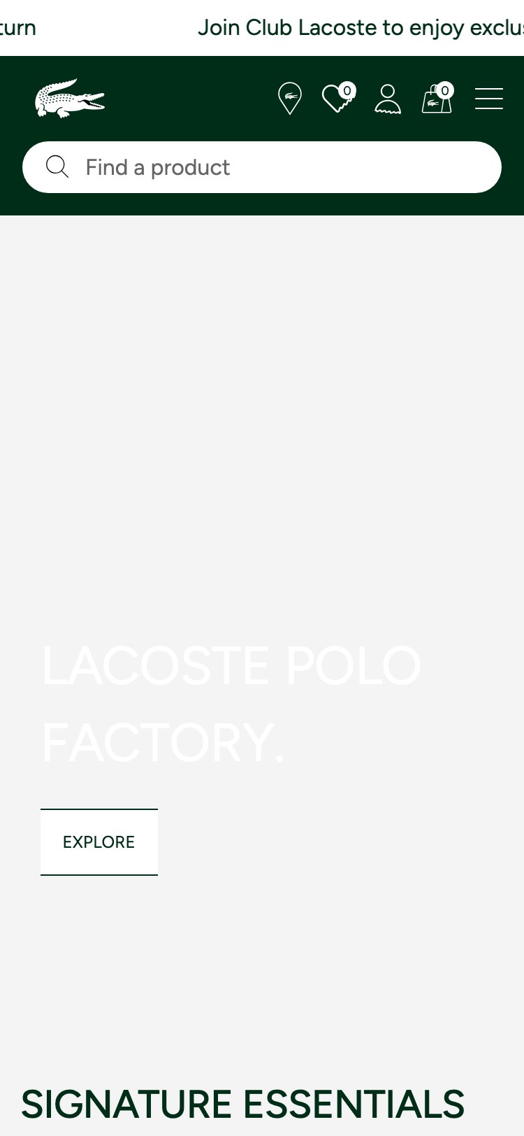 Lacoste — Mobile Homepage Hero (brand campaign copy 'LACOSTE POLO FACTORY' + 'EXPLORE' button on empty background, no offer or shoppable element)