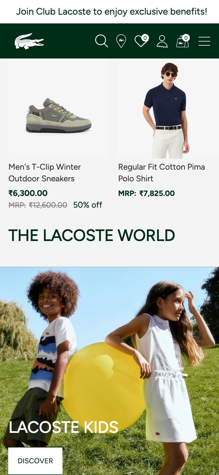 Lacoste — 'Selected For You' product recommendations (only image + name + MRP shown; one sale card shows ₹6,300 strikethrough ₹12,600 but no ratings, no swatches, no quick-add)