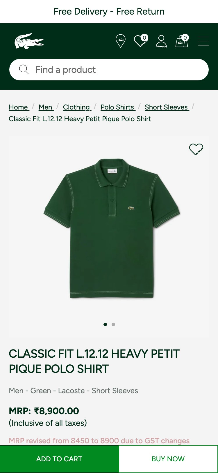 Lacoste — Classic Fit L.12.12 Polo PDP top (breadcrumbs → product image → title 'CLASSIC FIT L.12.12 HEAVY PETIT PIQUE POLO SHIRT' → category tags → MRP ₹8,900 → no star rating, no review count anywhere above the fold)