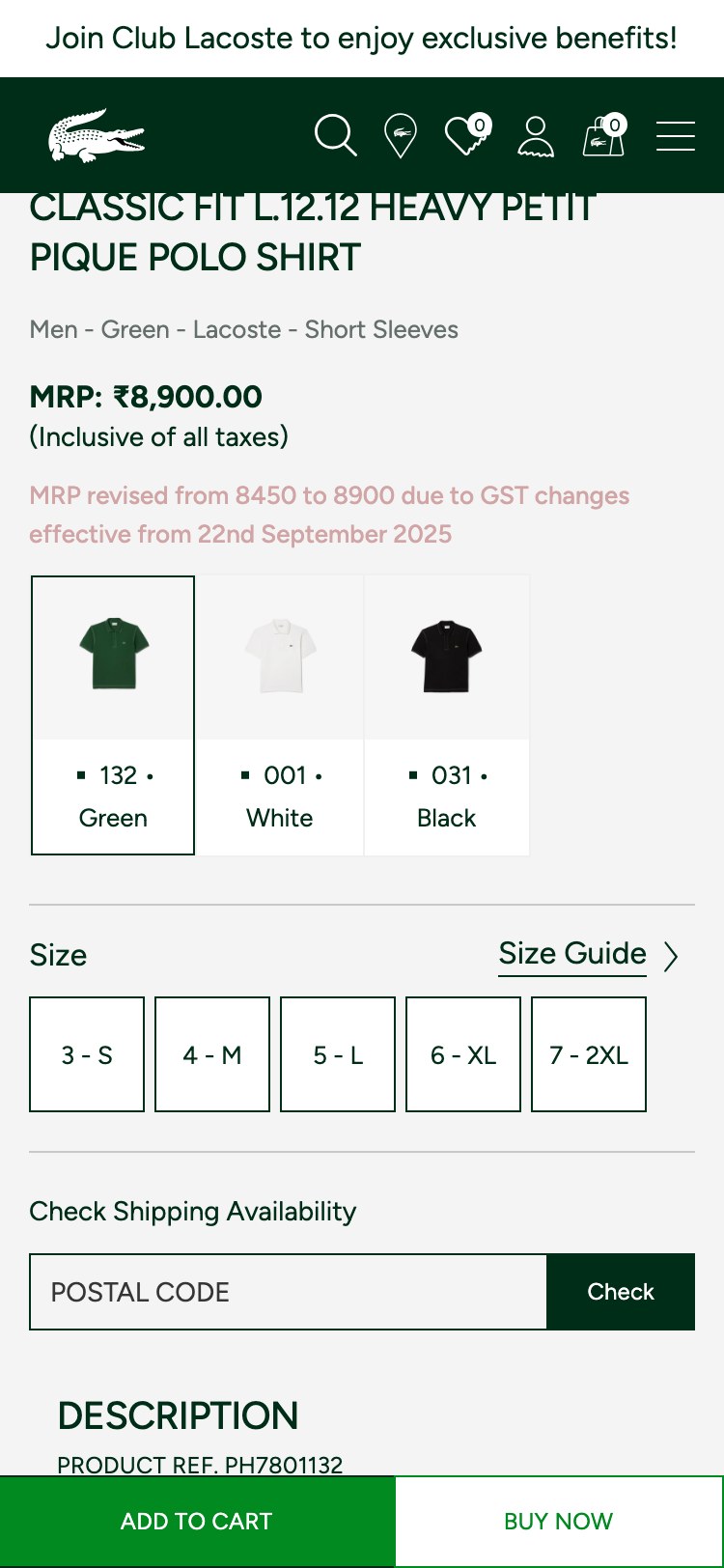 Lacoste — PDP ATC area (colour + size selectors → 'Check Shipping Availability' pincode input → 'DESCRIPTION' — no trust icons, no shipping benefit, no returns reassurance visible near the purchase decision)