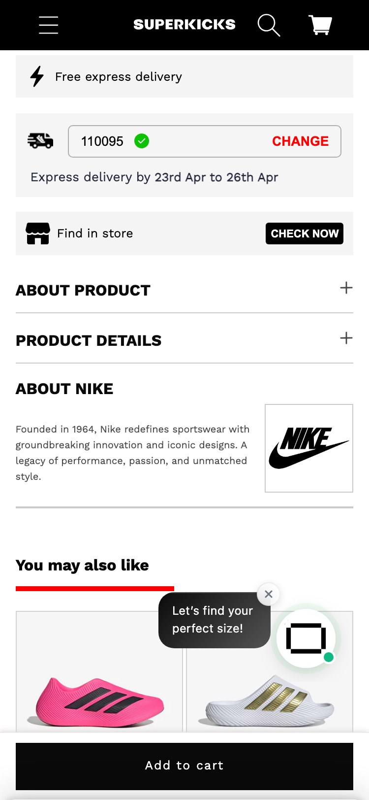 Superkicks — Nike AF1 PDP lower section ('Free express delivery', pincode check with ETA, 'Find in store CHECK NOW', 'ABOUT PRODUCT / PRODUCT DETAILS / ABOUT NIKE' collapsible info, 'You may also like' 2-col cross-sell carousel)