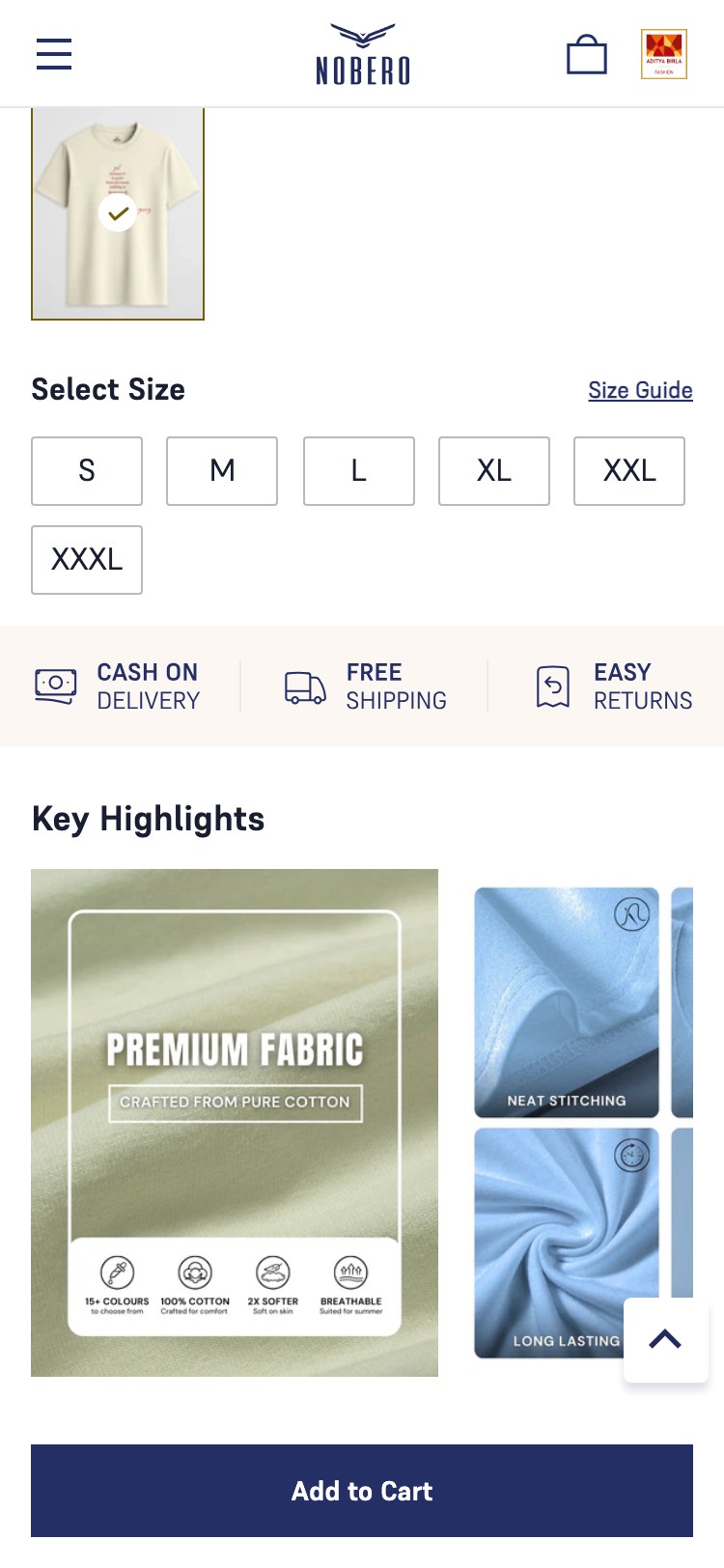Nobero — Mobile PDP trust strip directly below size selector (3 icons with labels: 💵 CASH ON DELIVERY | 🚚 FREE SHIPPING | 🔁 EASY RETURNS) followed by Key Highlights editorial grid + big Add to Cart button