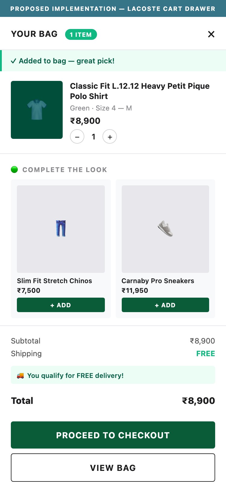 Proposed Implementation — Lacoste cart drawer ('✓ Added to bag' success strip + product thumbnail + size + qty stepper + 'Complete the look' 2-card cross-sell section + subtotal + 'You qualify for FREE delivery' celebration + Proceed to Checkout / View Bag CTAs)